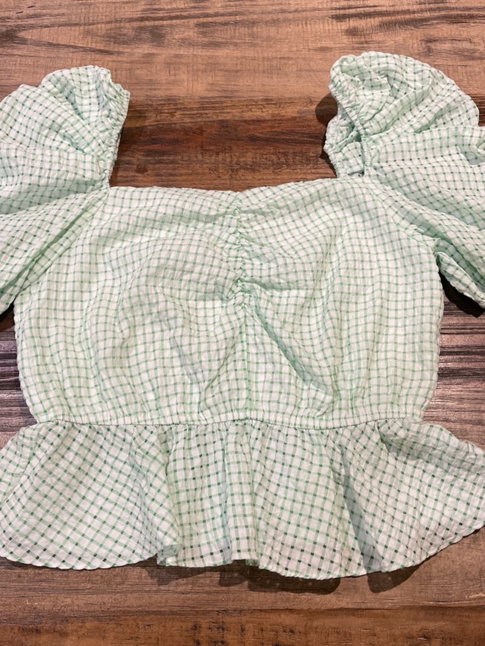 Ruched Puff Sleeve Peplum Blouse in Mint Gingham